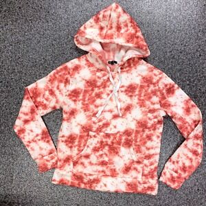 Women's Splash Tie Dye Hoodie Sweatshirt Coral Pink White Pocket Pullover Size S